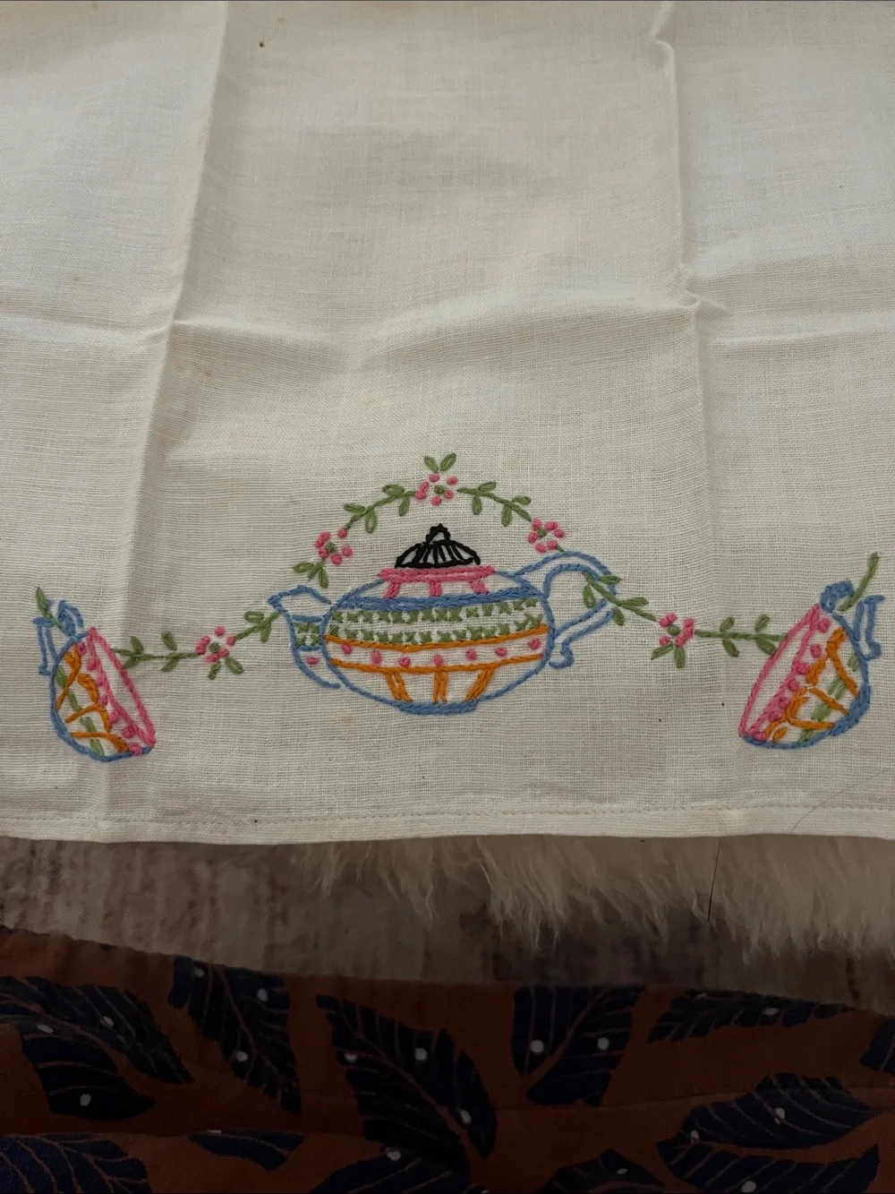 Embroidered White Cotton Tea Towel with Colorful Teapot Motif